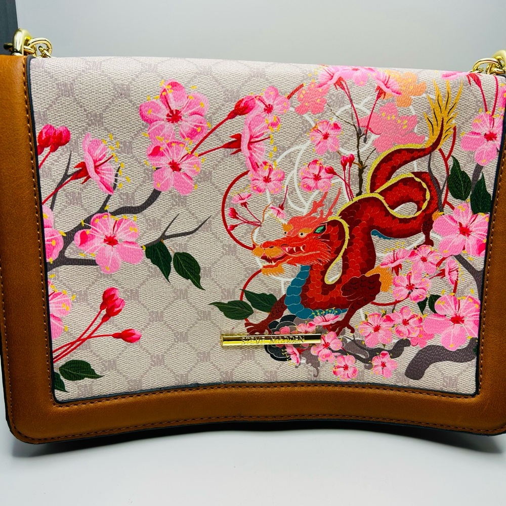 Steve Madden Cherry blossoms/Dragon Print shoulder/crossbody Bag in Pink & Brown